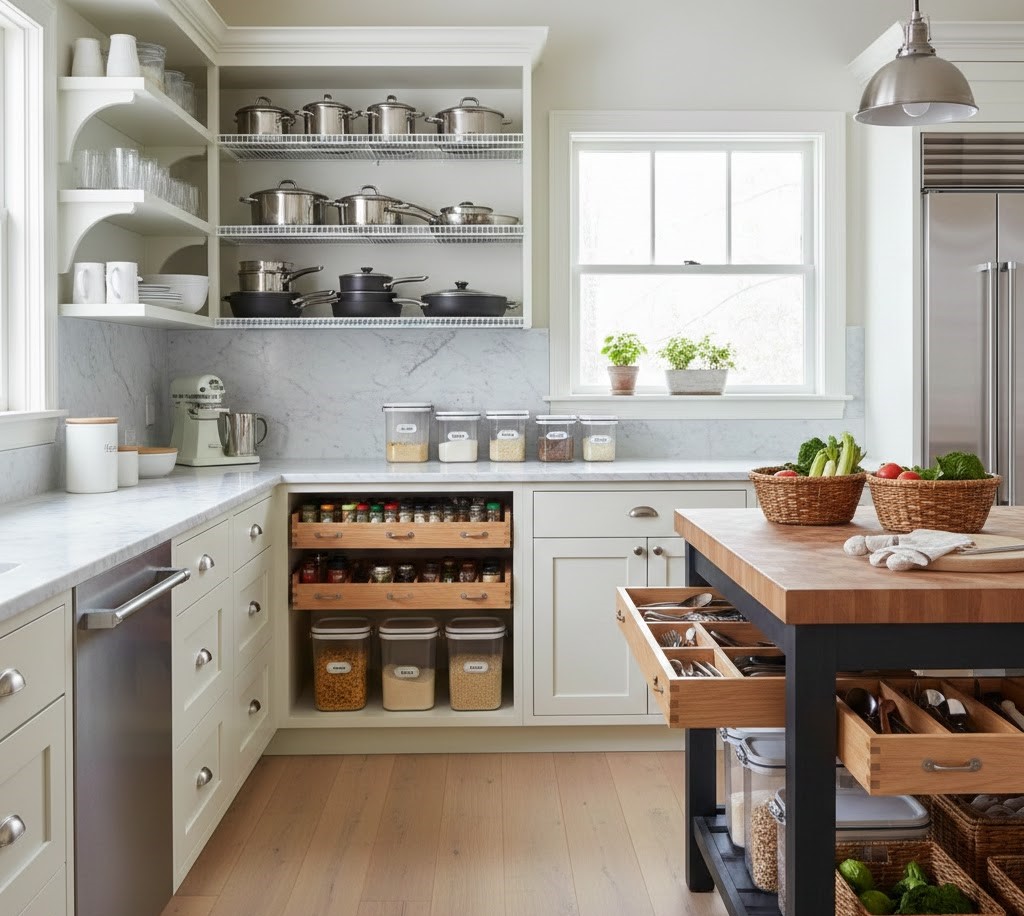 Keittiö järjestettynä