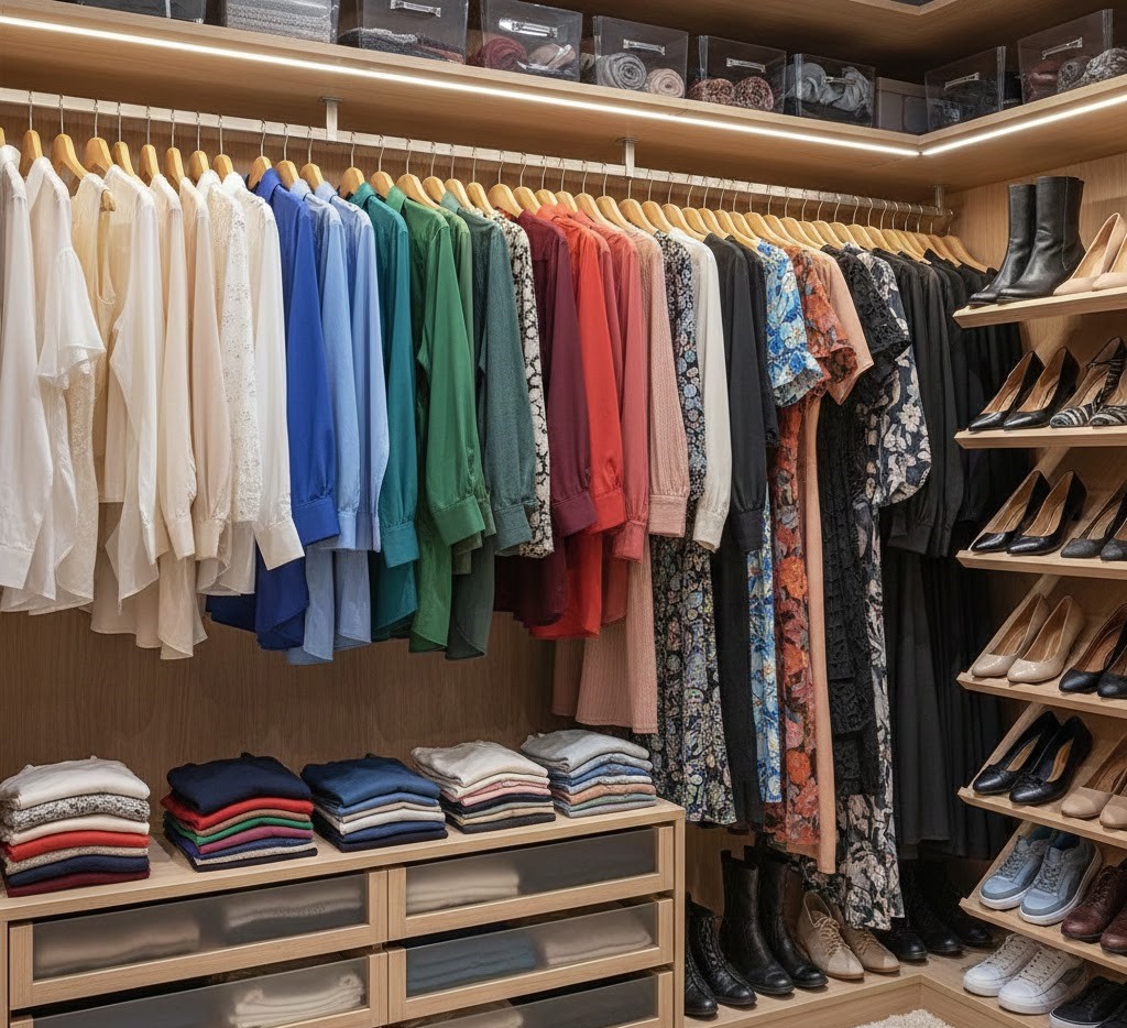 Vaatekaappi järjestettynä